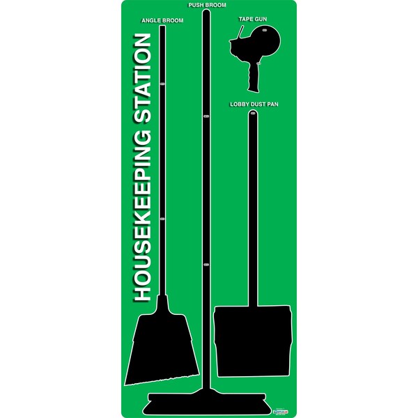 5S Housekeeping Shadow Board Broom Station Version 7 - Green Board / Black Shadows  With Broom